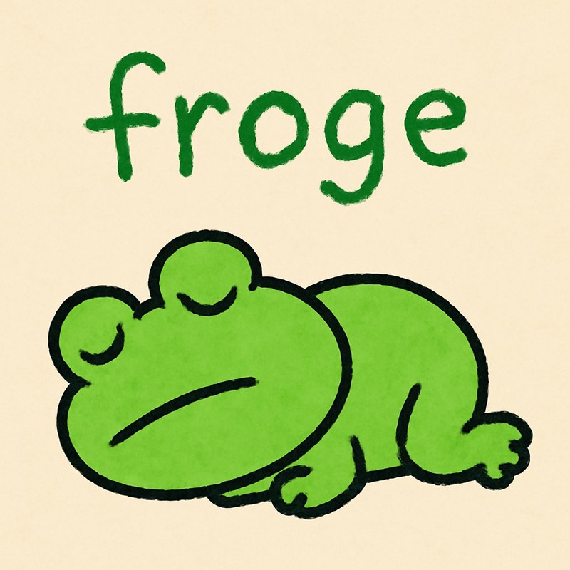 A simple cartoon green frog asleep on its side, belly up, both eyes closed downward arcs, with a hand-scrawled green marker signature on the wall above it reading froge, the last letter smaller and crammed off the edge